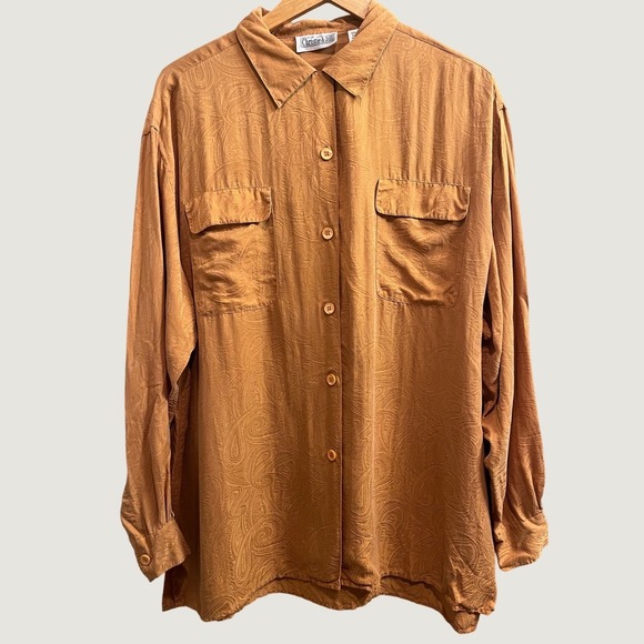 christie & jill Tops - Christie & Jill Silk Paisley Button Down Shirt Womens XL Orange Jacquard Top